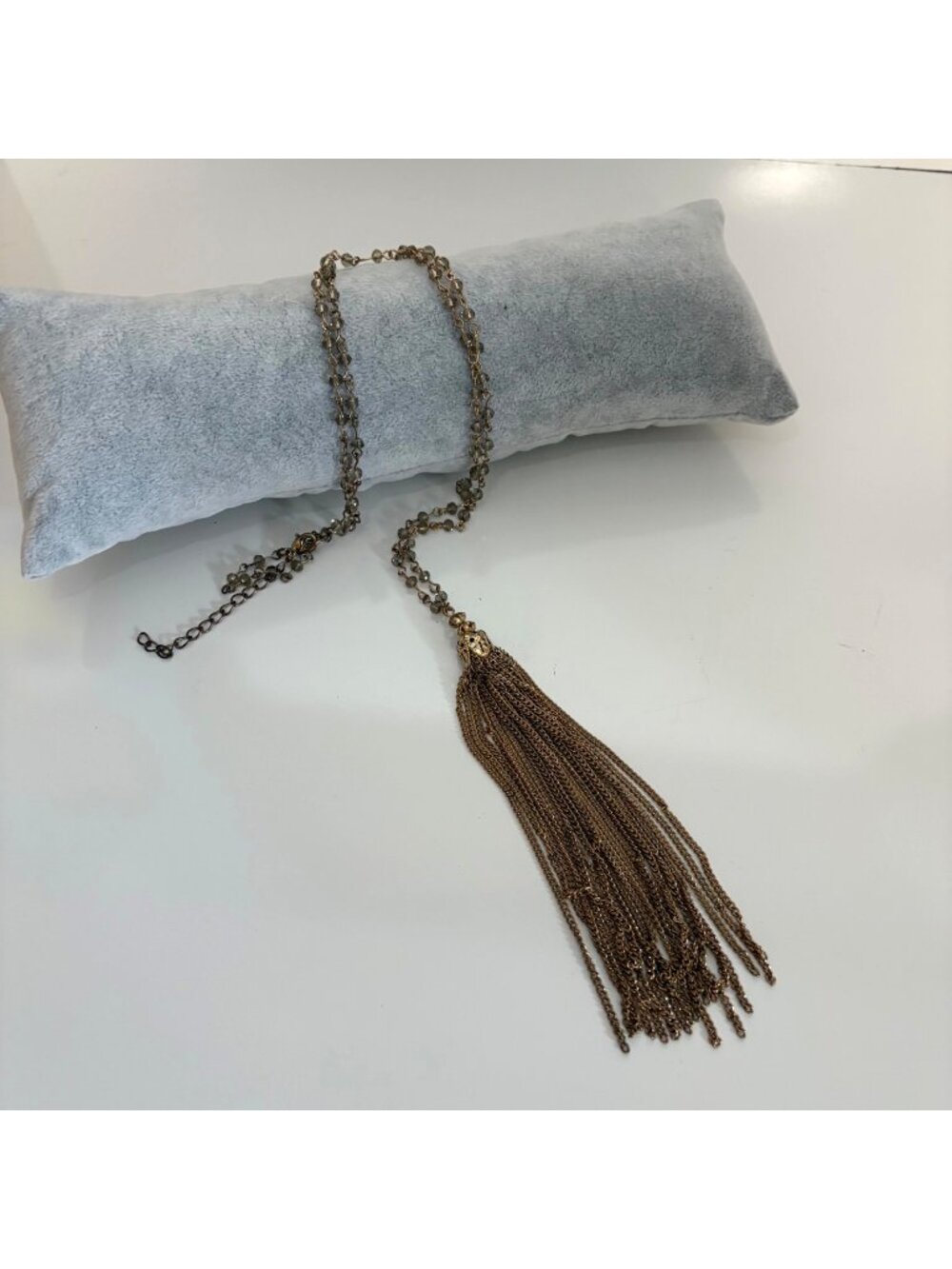 Long Beaded Tassel Gold Tone Necklace Smoky Gray Rosary Style Chain 33-35 in